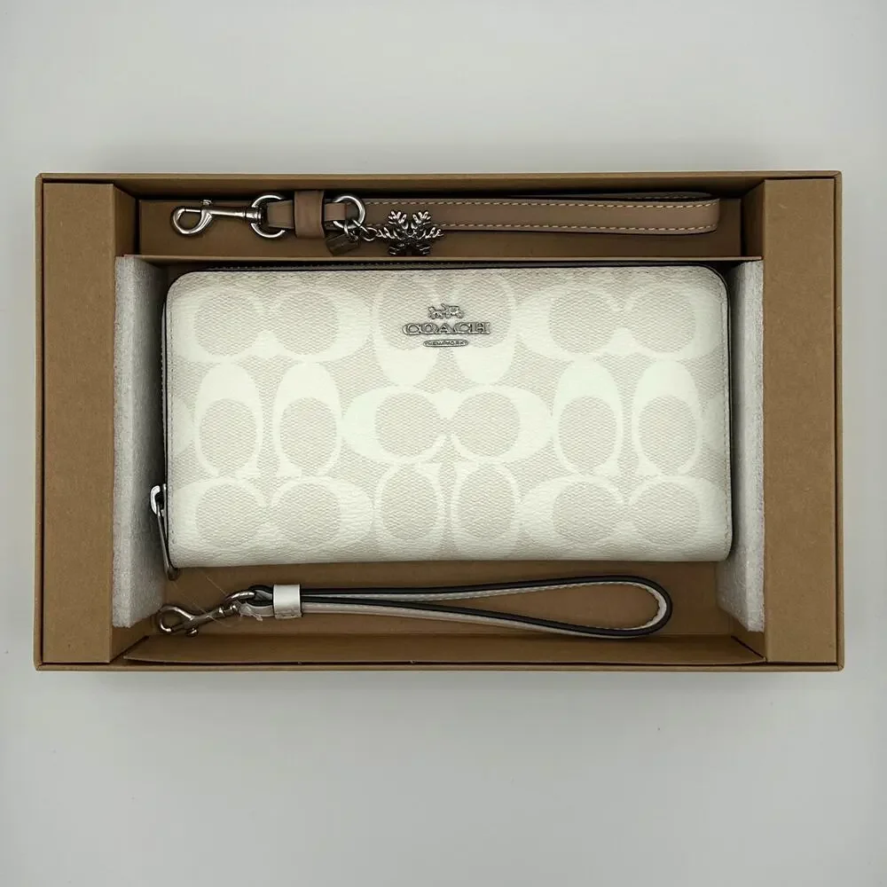 Coach Boxed Long Zip Around Wallet In Signature Canvas	Chalk Glacier White CN051